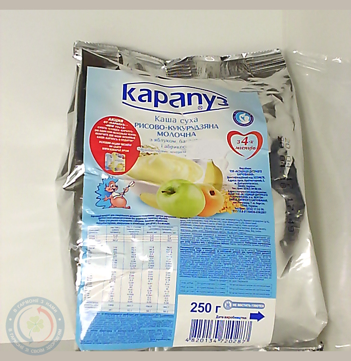 Карапуз каша молочн. рис кукур. ябл. банан абрикос 250г.