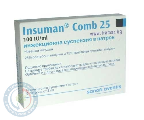 Інсулін Інсуман Комб 25 сусп.для інєкцій. 100 МО/мл 5,0 фл. №5